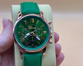 Emerald Green Dial Watch | Rose-Gold Tone, Faux Leather Strap