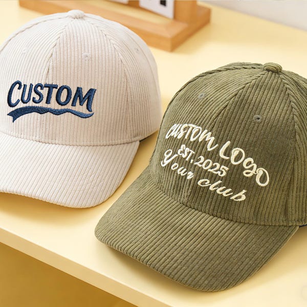 Custom embroidered corduroy dad cap, unique handmade gift, perfect for new parents, unisex baseball cap with personalized text or logo