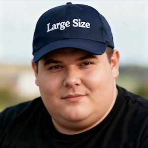 Könnte beinhalten: Dunkelblaue Baseballkappe mit dem weißen Schriftzug "Large Size" auf der Vorderseite. Die Kappe hat einen gebogenen Schirm und einen Knopf oben. Die Person im Bild trägt ein schwarzes T-Shirt.