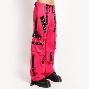 Pink Gothic Cargo Pants: Chain Strap Cyber Rave Trousers
