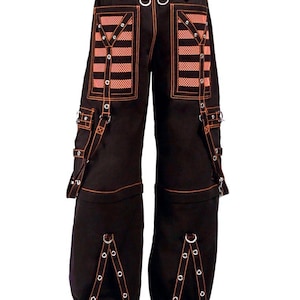 Men&#39;s Black Gothic Electro Orange Cyberpunk Rock Pants | Punk Streetwear Trousers | Neon Rave Festival Pants | Dark Alternative Clubwear