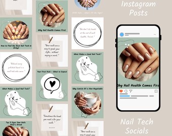 Plantillas de Canva personalizables para salones de uñas, publicaciones en redes sociales, subtítulos y palabras clave SEO.