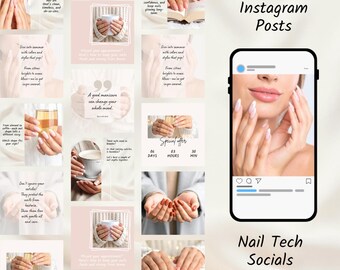 Plantillas de Canva personalizables para salones de uñas, publicaciones en redes sociales, subtítulos y palabras clave SEO.