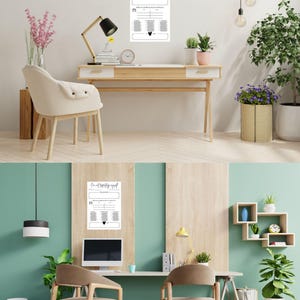 May include: A white framed print with the text "I'm not repeating myself" in a modern script. The print features a checklist design with boxes and a heart symbol. The print is displayed on a wall above a desk.