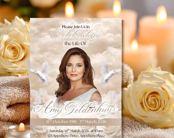 Funeral Announcement Template | Editable Memorial Invitation | Celebration of Life Invite in Beige & Floral