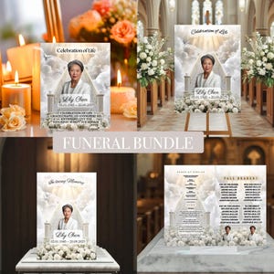 Op de afbeelding: Een begrafenisbundel met herdenkingskaarten en een bord. Het bord toont "Celebration of Life" met de naam "Lily Chen" en data. De kaarten bevatten de tekst "In loving memory" en "Order of Service". Witte bloemstukken en kaarsen zijn zichtbaar.
