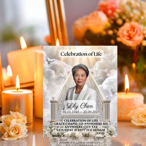 May include: A memorial card with the text "Celebration of Life" and the name "Lily Chen". The card features a portrait of a woman, with the dates 02.01.1945 - 20.09.2025. The card also includes details for a memorial service.