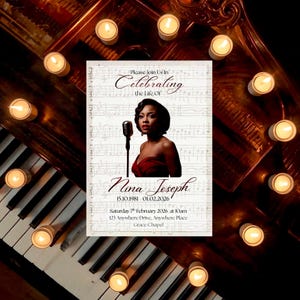 May include: A memorial invitation featuring a portrait of a woman with a microphone, surrounded by candles. The invitation reads "Celebrating the Life Of Nina Joseph" with dates and location details. The background includes musical notes.