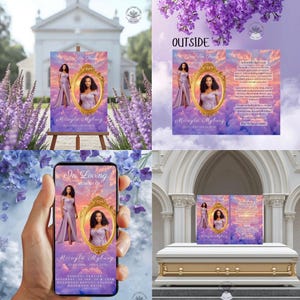 May include: A memorial set featuring a portrait of Micayla Myburg in a gold frame, displayed on a sign, a card, and a phone screen. The design includes a lavender color scheme with text that reads "In Loving Memory Of" and "Funeral Service".