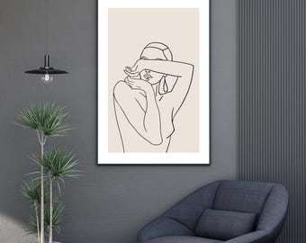 Minimalistisches Line Art Poster Frau – Abstrakte One-Line-Zeichnung mit verdecktem Gesicht, moderne Boho Wandkunst, digitales Printable