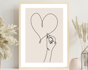 Minimalist Line Art Heart Poster – Abstract One-Line Drawing with Hand and Heart, Modern Boho Wall Art, Digital Printable