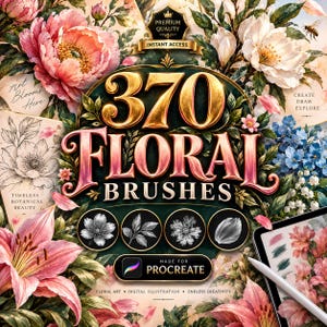 May include: A digital art set titled 370 Floral Brushes featuring vibrant pink and white peony illustrations, a bee, and four circular icons displaying black and white botanical sketches. The text includes Premium Quality, Instant Access, and Made for Procreate.
