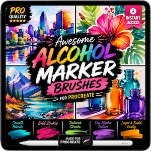 May include: A digital product display for Awesome Alcohol Marker Brushes for Procreate. The image features a city skyline, a hibiscus flower, a mountain landscape, and colorful glass bottles. Text includes Pro Quality, Instant Access, and brush features.