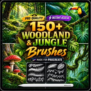 Op de afbeelding: Een digitale collectie van 150+ bos- en jungleborstels voor Procreate, met een houten bordgrafiek met tekst, een toekan, rode paddenstoelen en twee zwarte panelen met witte penseelstreekvoorbeelden van varens, bladeren en wijnstokken.