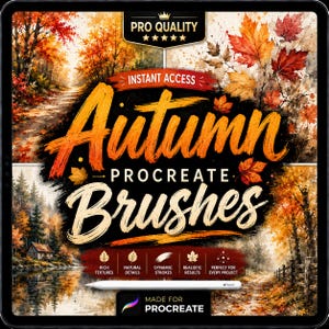 May include: A digital product display featuring the text Autumn Procreate Brushes with a white stylus at the bottom. The background is divided into four panels showing watercolor-style autumn landscapes with orange, red, and yellow foliage.