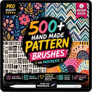 May include: A digital collection of 500+ hand made pattern brushes for Procreate, featuring a central black circular graphic with yellow and pink text. The background displays four distinct quadrants of colourful floral, geometric, and abstract patterns.