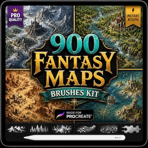 May include: A digital brush kit for Procreate titled 900 Fantasy Maps, featuring four quadrants of illustrated landscapes including snowy mountains, a green river valley with a castle, a desert terrain, and a coastal island with a lighthouse.