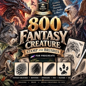 Peut inclure: Un ensemble de ressources d'art numérique intitulé 800 FANTASY CREATURE STAMP AND BRUSHES FOR PROCREATE. L'image présente des illustrations de dragon, loup, dinosaure et aigle, avec des textures d'écailles, de fourrure, de plumes et une empreinte.
