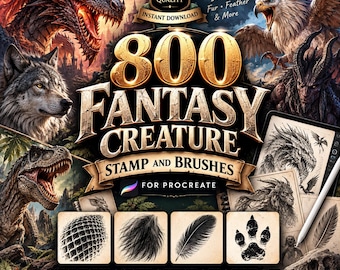 Könnte beinhalten: Ein digitales Kunst-Ressourcenset mit dem Titel 800 FANTASY CREATURE STAMP AND BRUSHES FOR PROCREATE. Das Bild zeigt Illustrationen eines Drachen, Wolfs, Dinosauriers und Adlers sowie Texturbeispiele von Schuppen, Fell, Federn und einem Pfotenabdruck.