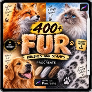 Puede incluir: Una pantalla de producto digital para Procreate con 400+ pinceles y sellos de pelaje. El gráfico incluye imágenes de un zorro, un gato y un perro, con textos como Realistic Fur Textures, Soft & Fluffy Brushes y un lápiz óptico blanco.