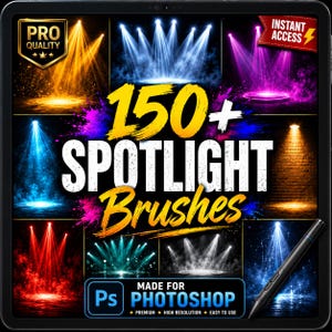 Könnte beinhalten: Eine digitale Sammlung von 150+ Spotlight-Pinseln für Photoshop, die eine Vielzahl farbiger Lichtstrahlen in Orange, Blau, Lila, Rot und Weiß vor dunklen Hintergründen zeigt, mit einem schwarzen Eingabestift in der unteren rechten Ecke.