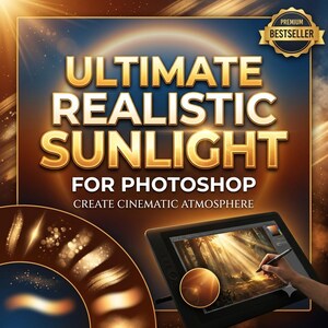 Pinceaux Photoshop réalistes pour la retouche photo : rayons de soleil, faisceaux lumineux, lueur dorée, reflets de lentille et effets d’éclairage naturel.