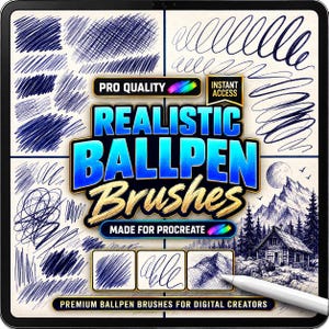 Ballpoint Pen Procreate Brushes, Realistic Ink Pens for Sketching, Scribble, Line Art, Writing, Cross Hatching & Digital Drawing