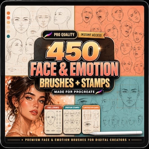 May include: A digital product display featuring 450 face and emotion brushes and stamps for Procreate. The graphic includes various pencil-style sketches of human faces, facial construction guides, and a detailed portrait of a person.