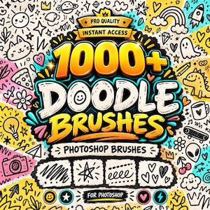 May include: A digital graphic featuring the text 1000+ DOODLE BRUSHES, PRO QUALITY, INSTANT ACCESS, and PHOTOSHOP BRUSHES. The design is surrounded by various black and white hand-drawn doodle icons including hearts, stars, cats, and food items.