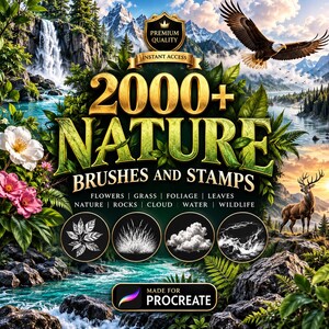 Può includere: Un annuncio grafico digitale per 2000+ Nature Brushes and Stamps per Procreate. L'immagine mostra una cascata, montagne, un'aquila calva e un cervo, con testi che includono 'Premium Quality', 'Instant Access' e 'Made for Procreate'.