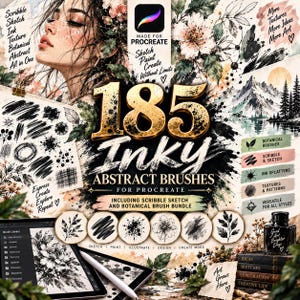 Könnte beinhalten: Ein digitales Kunstressourcen-Paket mit dem Titel 185 Inky Abstract Brushes for Procreate, das ein Porträt, botanische Illustrationen, Berglandschaften, ein Tablet mit Pinselstrichen sowie ein Tintenfass und Bücher zeigt.