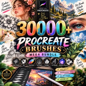 May include: A digital graphic advertisement for a 30000+ Procreate brushes mega bundle. The image features a tablet with a stylus, various artistic samples including a portrait, landscape, cat, and foliage, and text labels for brush categories.