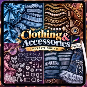 Puede incluir: Una pantalla digital que muestra una colección de pinceles Procreate Clothing & Accessories. La imagen presenta varios elementos gráficos, incluyendo volantes azules, adornos de encaje blanco, cadenas doradas, perlas, gafas, lazos y texturas de tela vaquera.