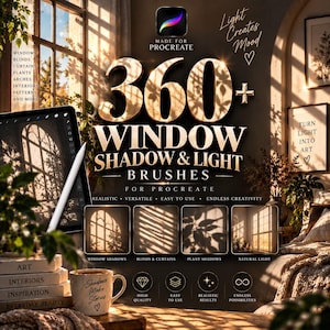 May include: A digital product advertisement for 360+ Window Shadow & Light Brushes for Procreate. The graphic features gold text, a tablet displaying window shadow effects, a stylus, and four sample squares showing light and shadow patterns.