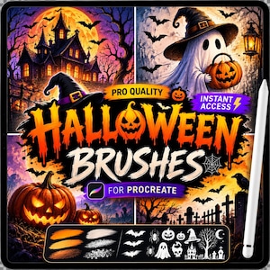May include: A digital graphic featuring the text PRO QUALITY HALLOWEEN BRUSHES FOR PROCREATE INSTANT ACCESS. The image displays a haunted house, a ghost in a witch hat holding a pumpkin, and jack-o'-lanterns. A white stylus is positioned on the right.