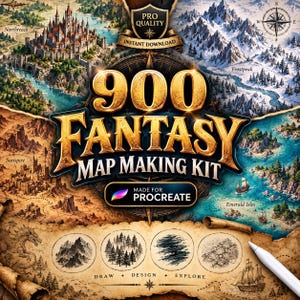 Op de afbeelding: Een digitaal ontwerpbestand getiteld 900 Fantasy Map Making Kit Made for Procreate. De afbeelding bevat een centrale gouden titel omringd door vier verschillende kaartsecties met een kasteel, besneeuwde bergen, woestijn en eilanden.