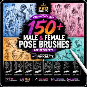 Può includere: Una visualizzazione di prodotto digitale che presenta 150+ pennelli di pose maschili e femminili per Procreate. Il grafico include vari schizzi di figure in sezioni blu, rosa, arancioni e turchesi, con etichette di testo per le varie pose.