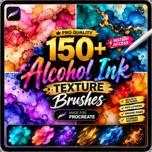 Op de afbeelding: Een digitale grafische weergave met 150+ Alcohol Ink Texture Brushes voor Procreate. De afbeelding toont levendige, veelkleurige abstracte inktpatronen in tinten roze, oranje, blauwgroen, blauw en paars, inclusief gouden accenten en tekst.