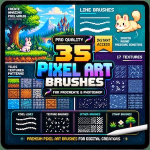 Può includere: Una visualizzazione di prodotto digitale per 35 pennelli pixel art per Procreate e Photoshop. La grafica presenta un paesaggio pixelato con un coniglio, un castello e una montagna, insieme a esempi di pennelli a linea, 17 texture e timbri.