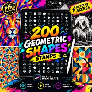 May include: A digital tablet screen displaying a collection of 200 geometric shape stamps for Procreate, featuring a white stylus pen, colorful abstract lion, mountain, and mandala illustrations, with text reading 200 GEOMETRIC SHAPES STAMPS.