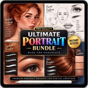 Puede incluir: Una pantalla de producto digital titulada Ultimate Portrait Bundle para Procreate. Incluye un retrato realista, bocetos de rasgos faciales, pinceles de pestañas, pinceles de cabello y texturas de piel. El texto incluye Pro Quality, Instant Access y Premium Portrait Brushes for Digital Creators.