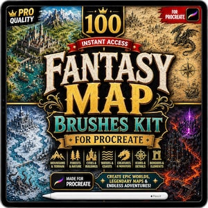 Pode incluir: Um kit de pincéis digitais para Procreate com 100 elementos de mapas de fantasia. A imagem exibe texto como Fantasy Map Brushes Kit, Pro Quality e Instant Access, ao lado de ilustrações de montanhas, castelos, dragões e terrenos.