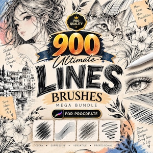 Pode incluir: Um conjunto de pincéis digitais para Procreate intitulado 900 Ultimate Lines Brushes Mega Bundle. O gráfico apresenta ilustrações a tinta preta e branca de uma pessoa, um gato, flores e uma paisagem urbana com o texto Sketch Ink Hatch Create.