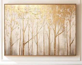 Gold Tree Forest Oil Painting on Canvas – Abstract Textured Landscape Art