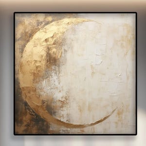 Textured Moon Oil Painting on Canvas: Abstract Gold Beige Wall Art