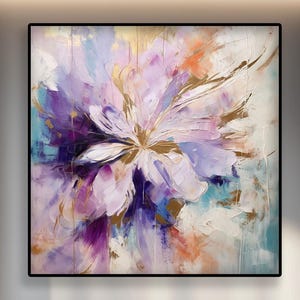 Purple Flower Oil Painting: Gold Abstract Textured Wall Art