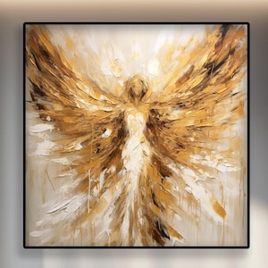 Textured Angel Wing Oil Painting: Abstract Golden Wall Art