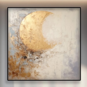 Textured Moon Oil Painting on Canvas: Abstract Gold Beige Wall Art