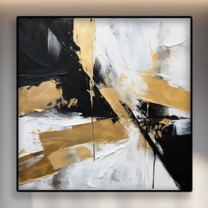 Strukturiertes Gold Schwarz Weiss Abstraktes Ölgemälde auf Leinwand - Große Moderne Kunst
