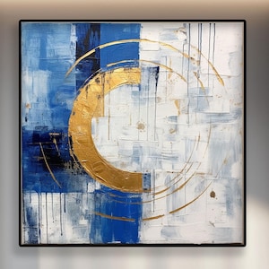 Textured Gold Circle Oil Painting: Abstract Blue White Canvas Art